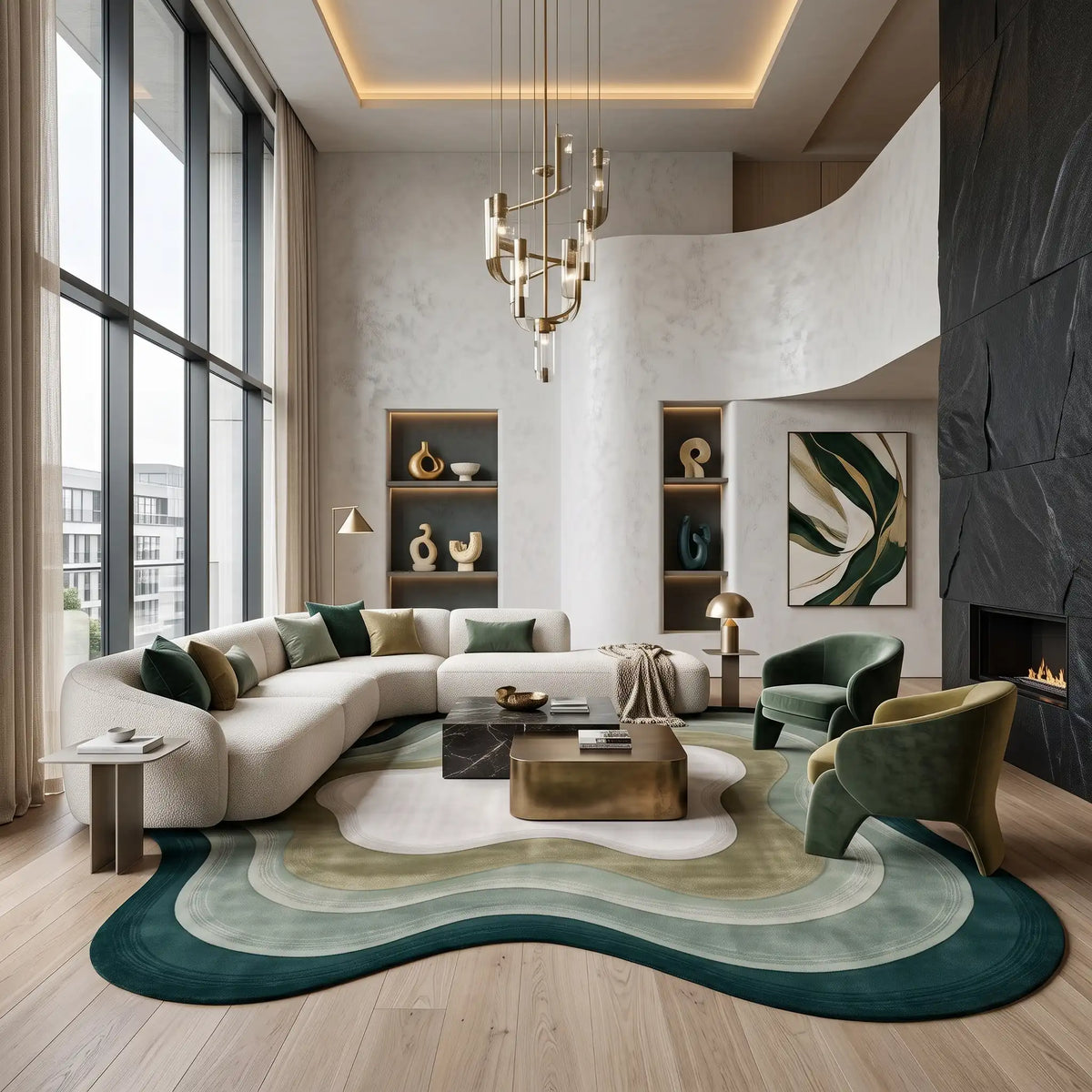 Echo Pool modern abstract rug in Emerald Mist – styled in a living room