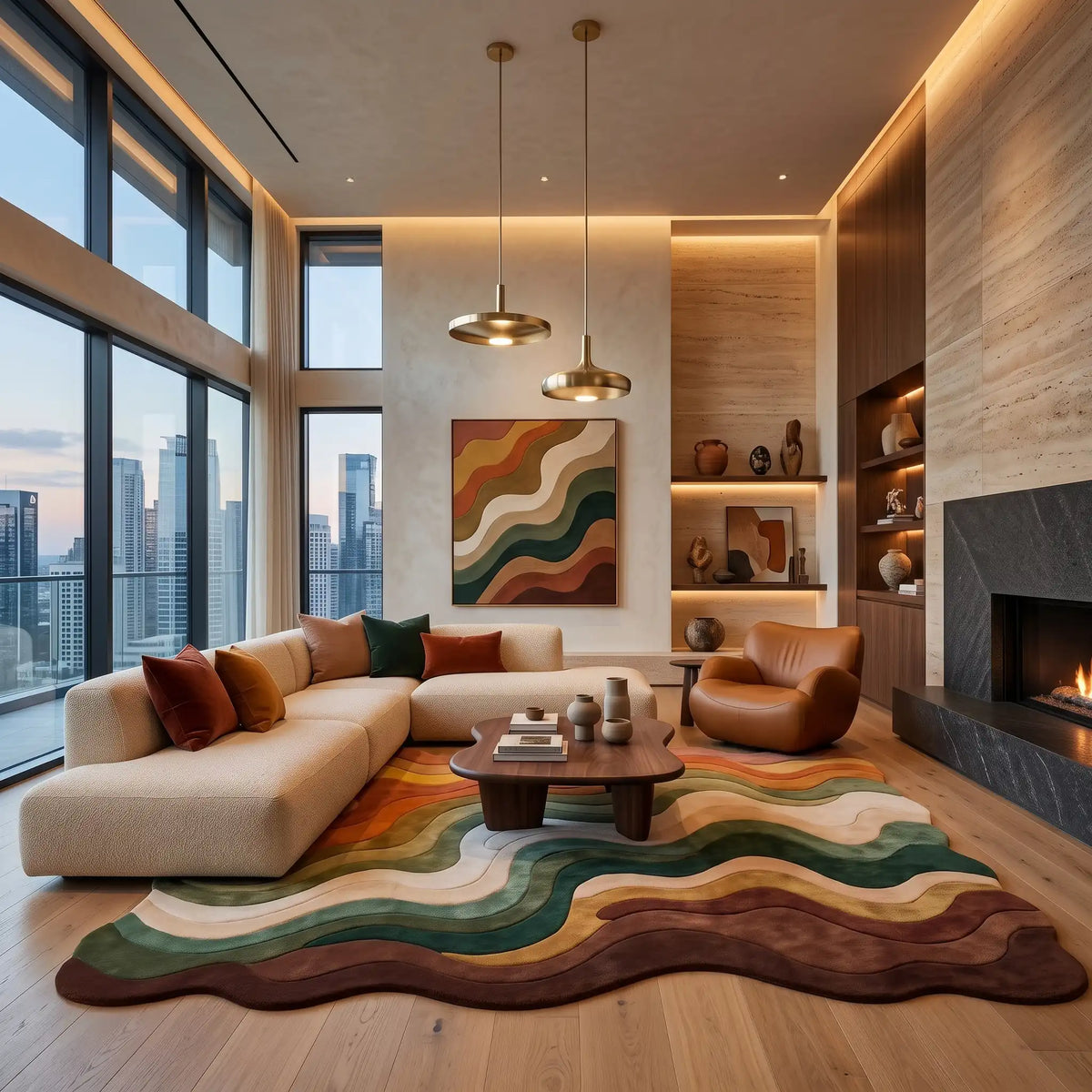 Canyon Waves modern abstract rug in Desert Forest – styled in a living room