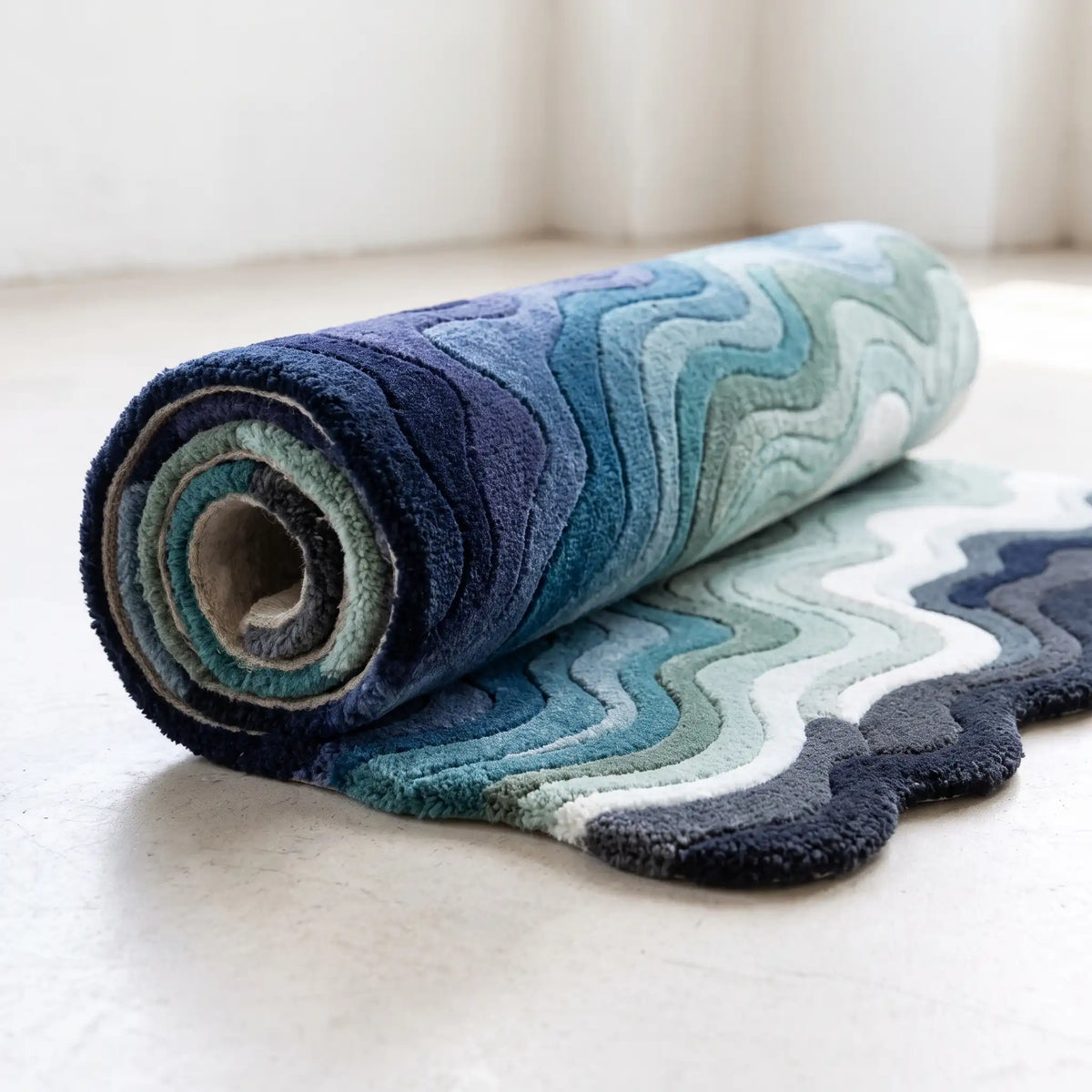 Canyon Waves modern abstract rug in Ocean Mist – rolled to show the backing and thickness
