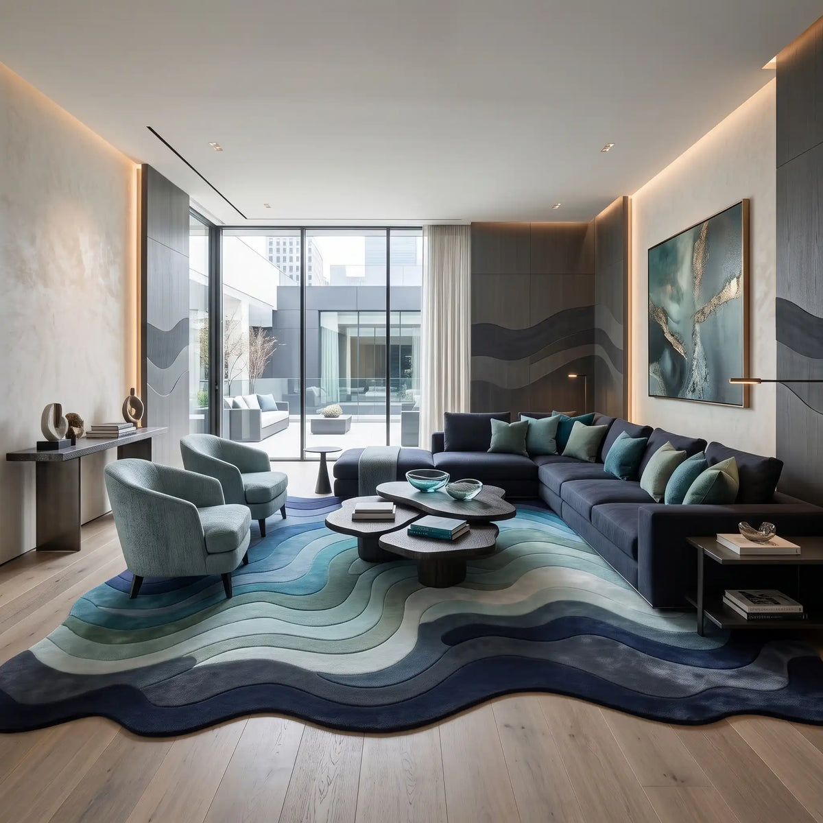 Canyon Waves modern abstract rug in Ocean Mist – styled in a living room