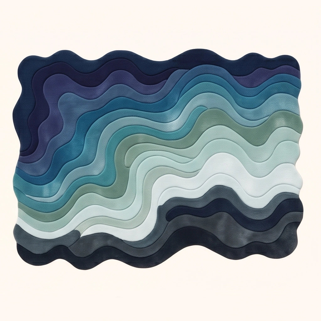 Canyon Waves modern abstract rug in Ocean Mist – flat lay