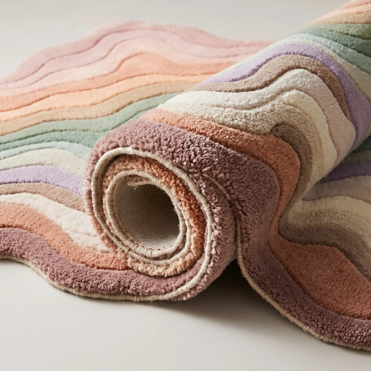 Canyon Waves modern abstract rug in Pastel Dawn – rolled to show the backing and thickness