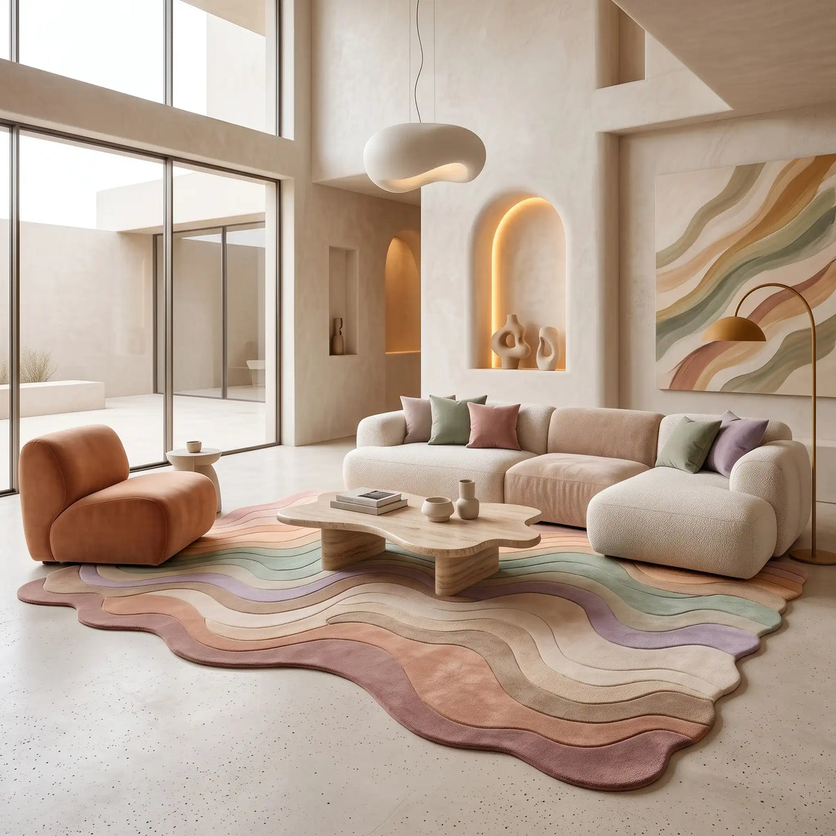 Canyon Waves modern abstract rug in Pastel Dawn – styled in a living room