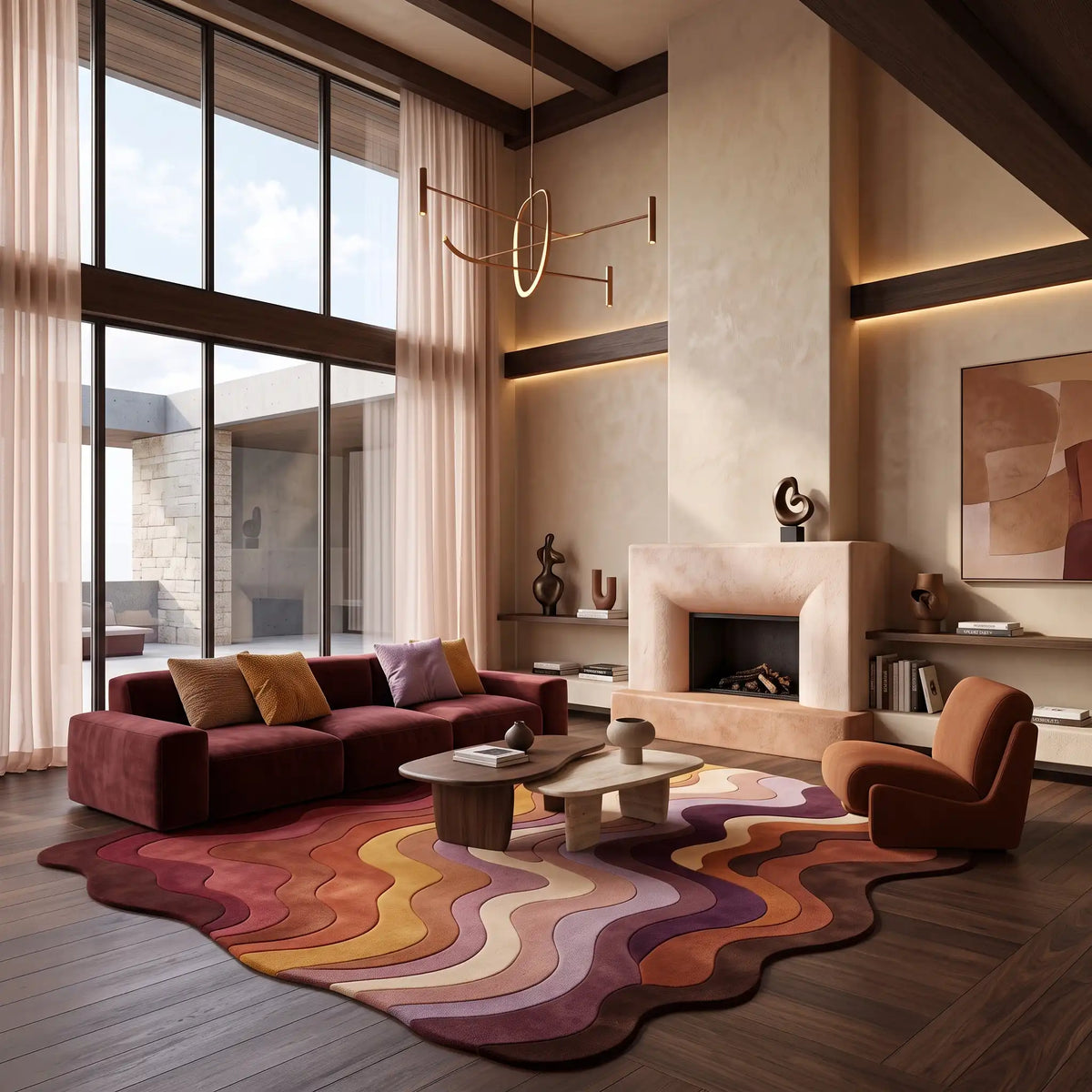 Canyon Waves modern abstract rug in Burgundy Spice – styled in a living room