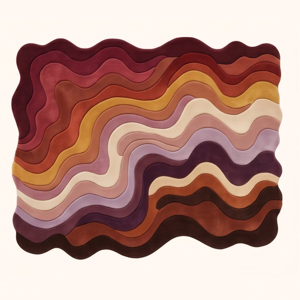 Canyon Waves modern abstract rug in Burgundy Spice – flat lay