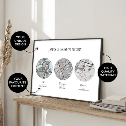 Met, Engaged, Married Map Print