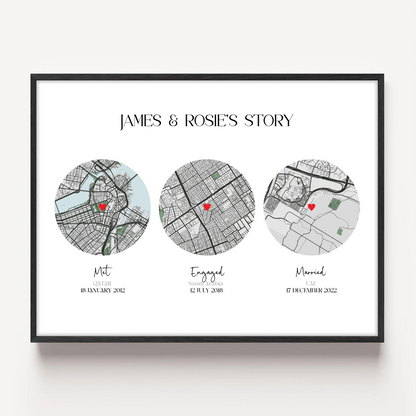 Met, Engaged, Married Map Print