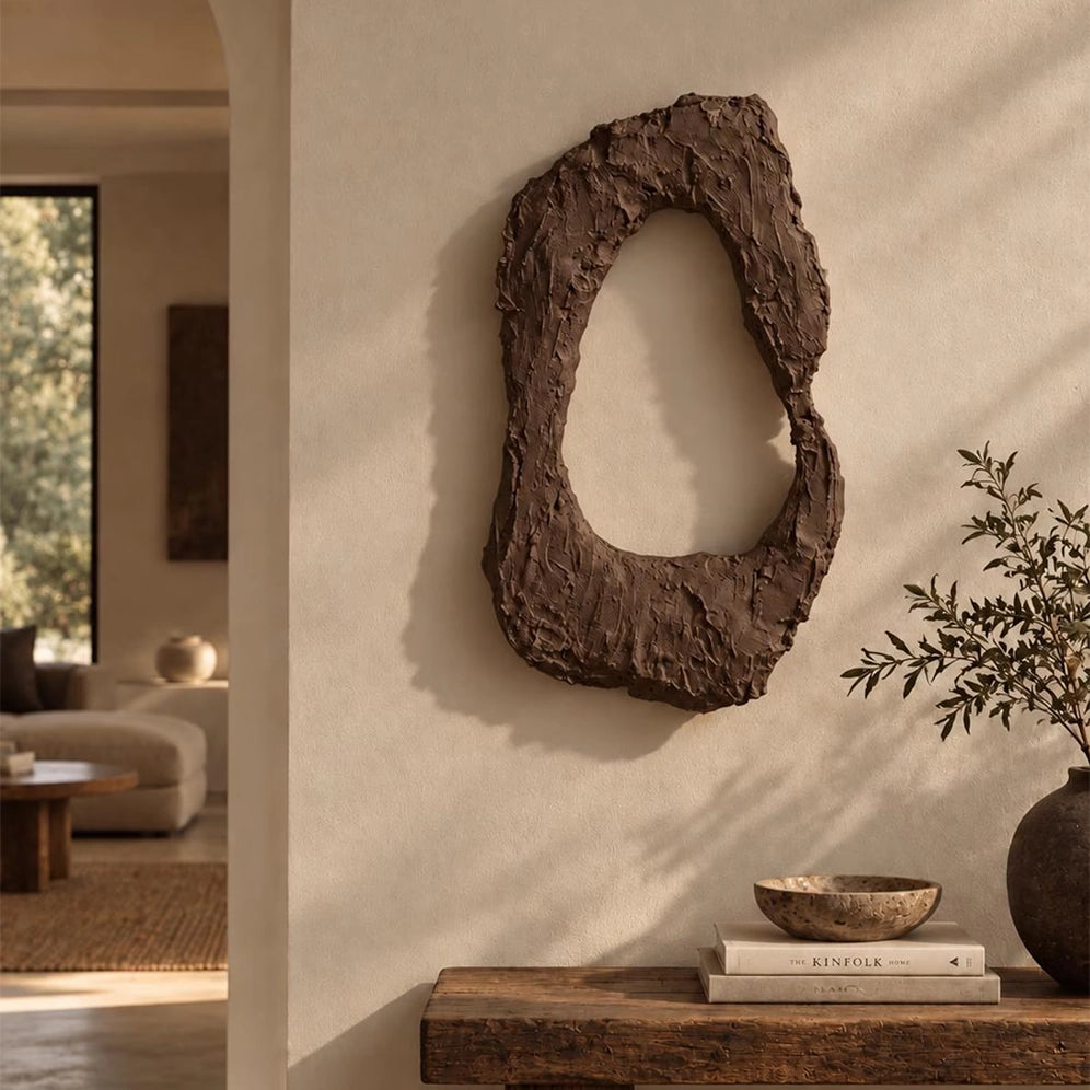 Dune Halo Textured Sculptural Wall Art – Earth Brown – styled in a living room