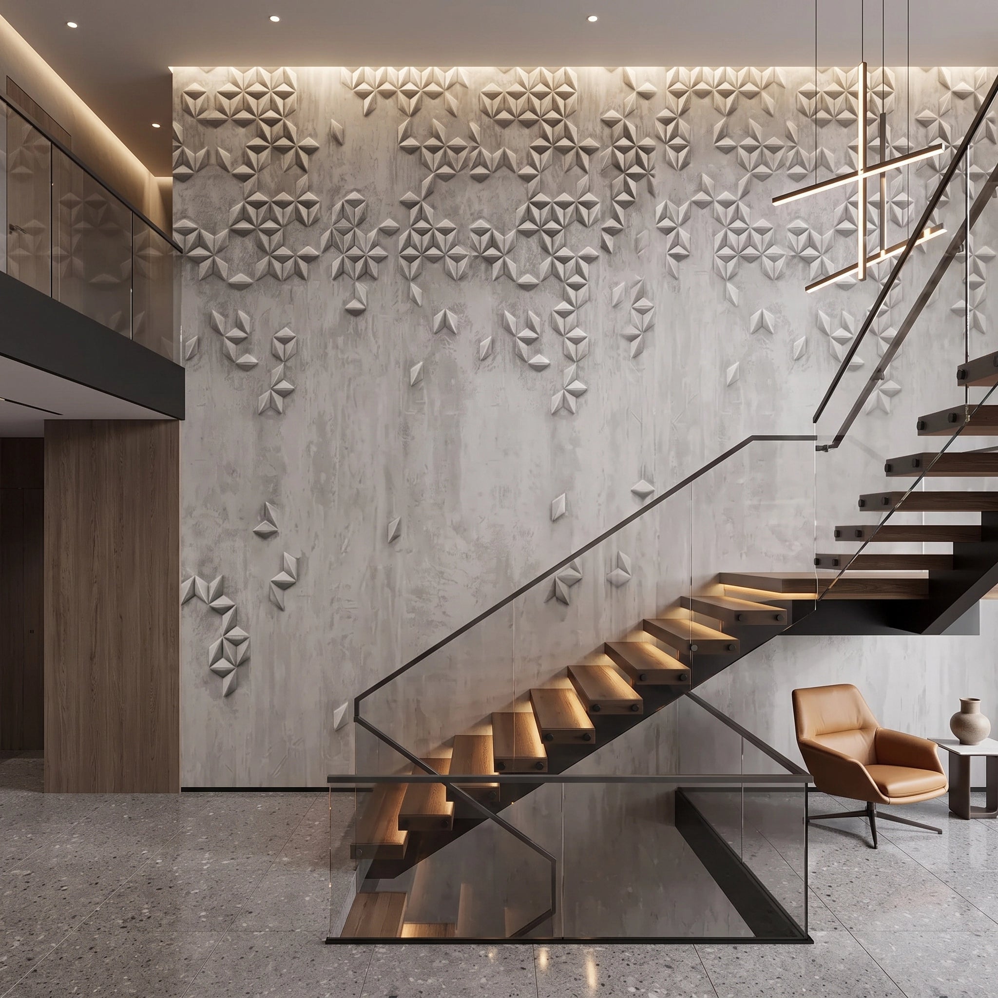 3D Geometric Stars Concrete Wallpaper Mural – Staircase