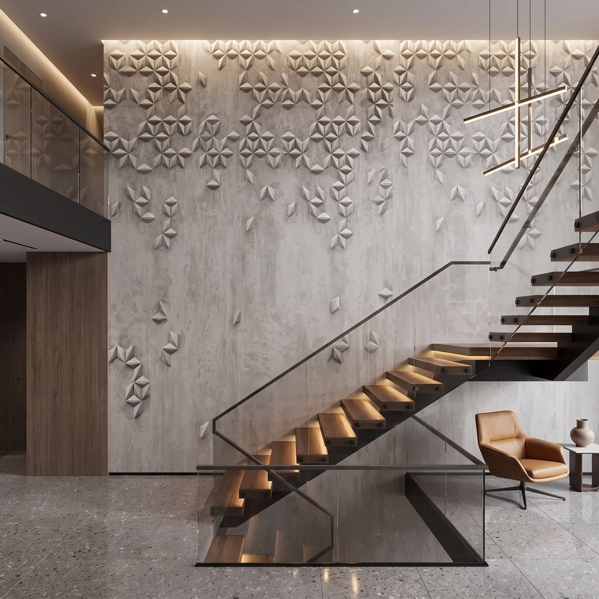 3D Geometric Stars Concrete Wallpaper Mural – Staircase