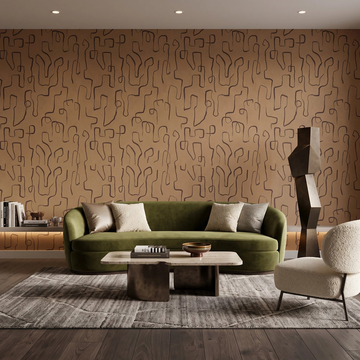 Abstract Squiggle Line Wallpaper – Camel Cocoa