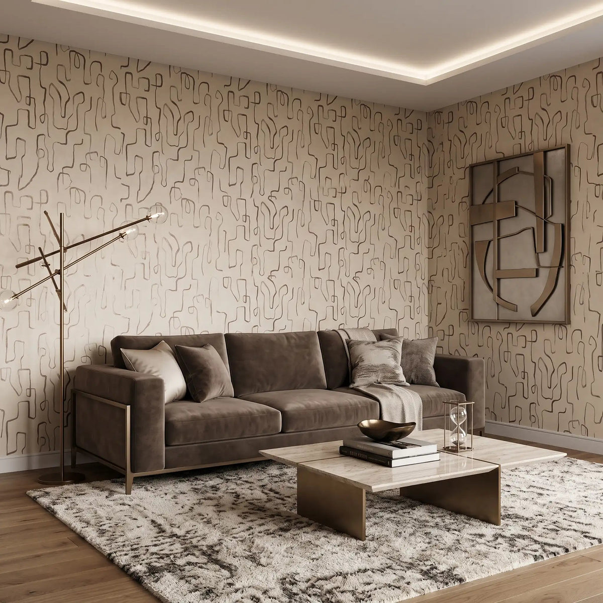 Abstract Squiggle Line Wallpaper – Linen Mocha