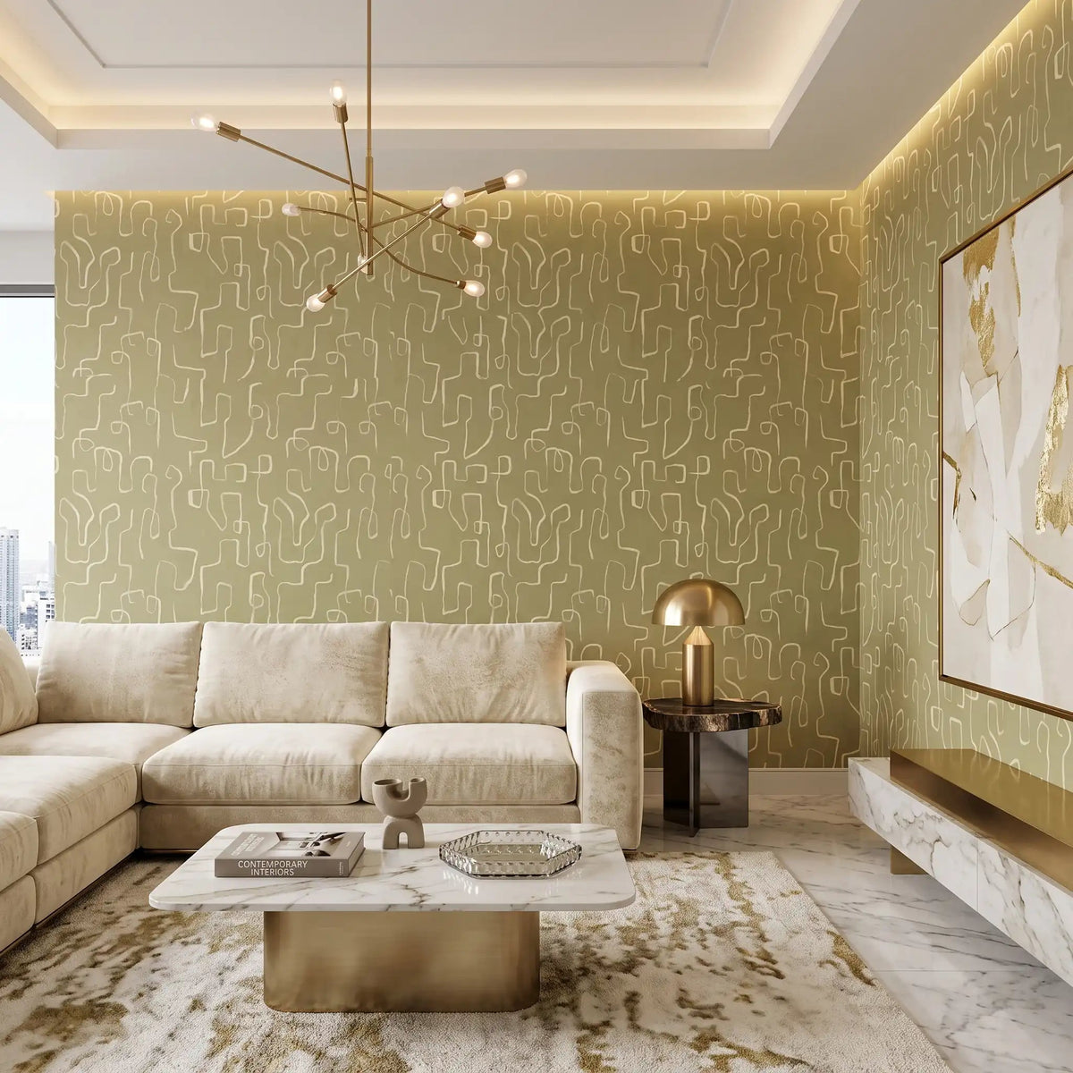 Abstract Squiggle Line Wallpaper – Olive Cream