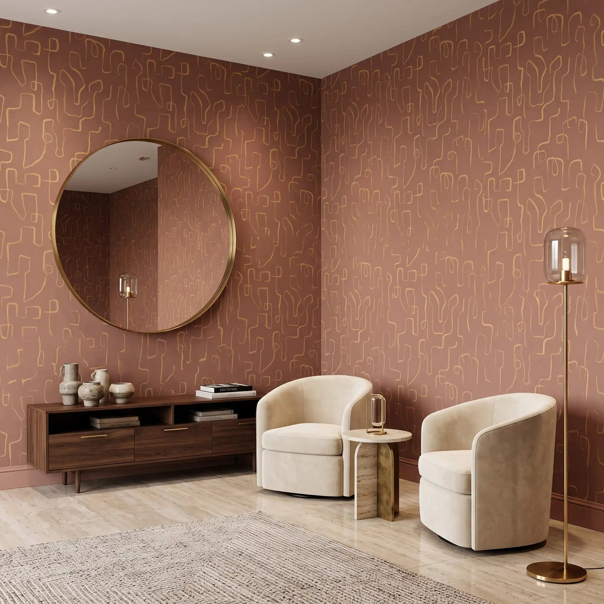Abstract Squiggle Line Wallpaper – Rosewood Gold