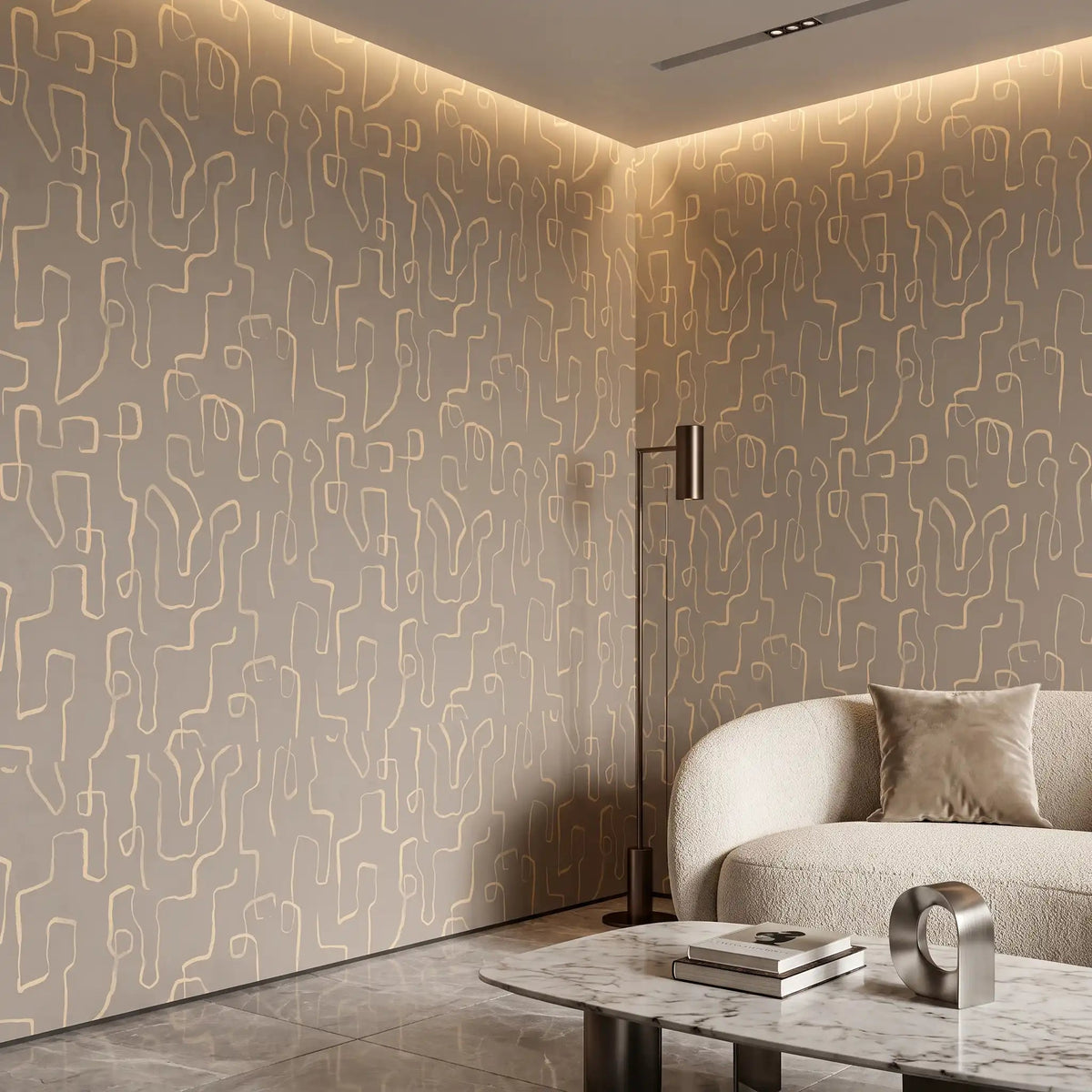 Abstract Squiggle Line Wallpaper – Taupe Peach