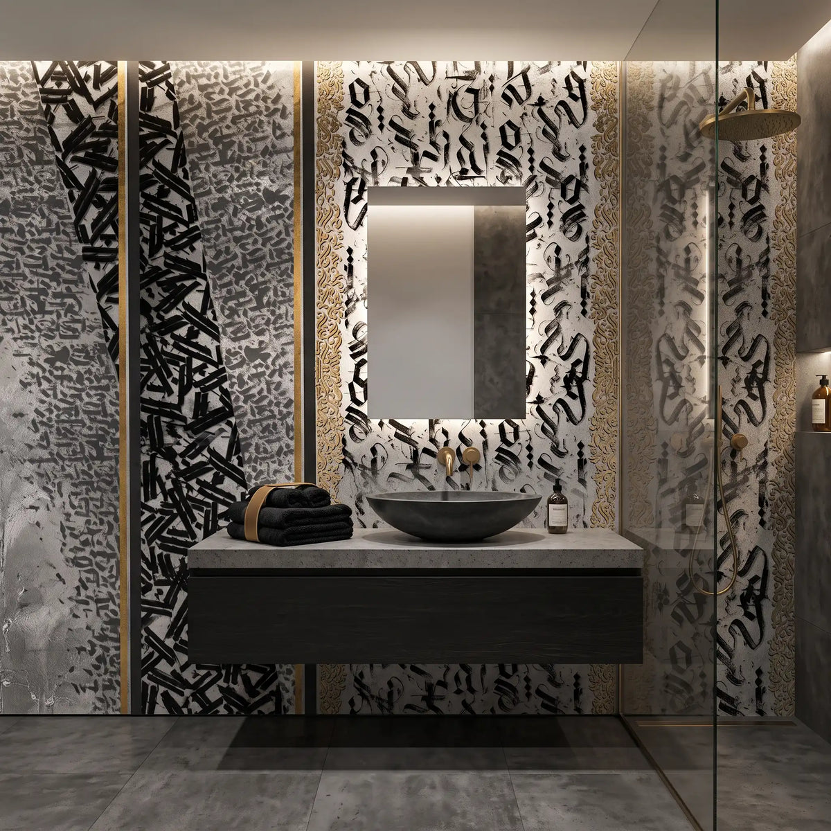 Black Marble Panel Wallpaper Mural – Bathroom