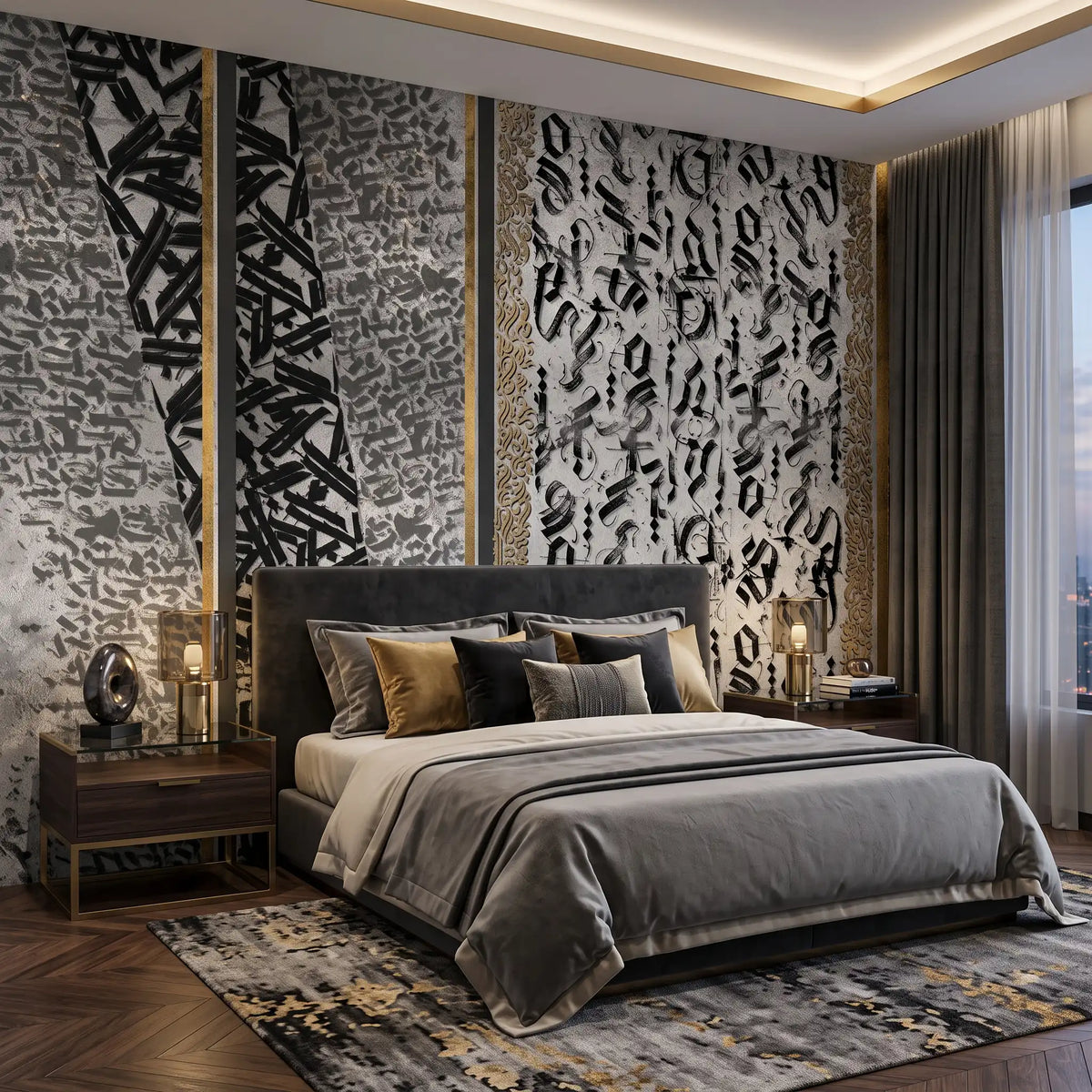 Black Marble Panel Wallpaper Mural – Bedroom