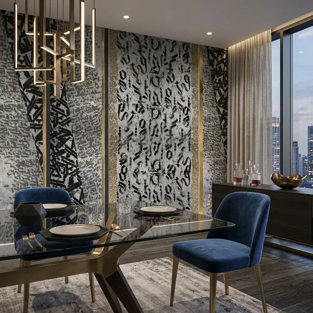 Black Marble Panel Wallpaper Mural – Dining Room