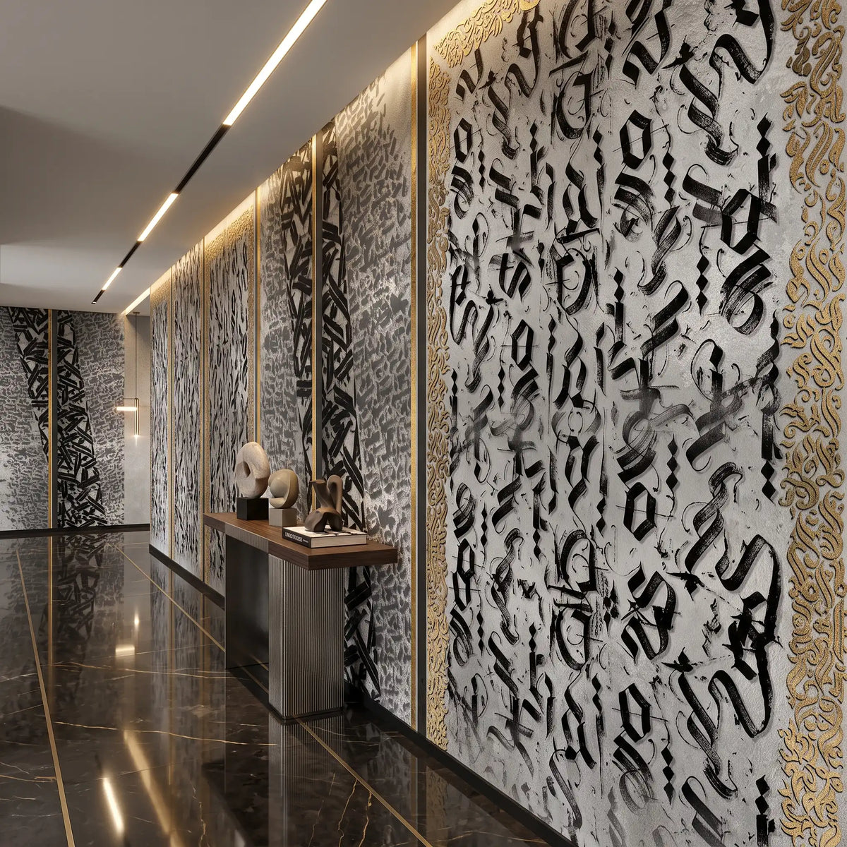 Black Marble Panel Wallpaper Mural – Hallway