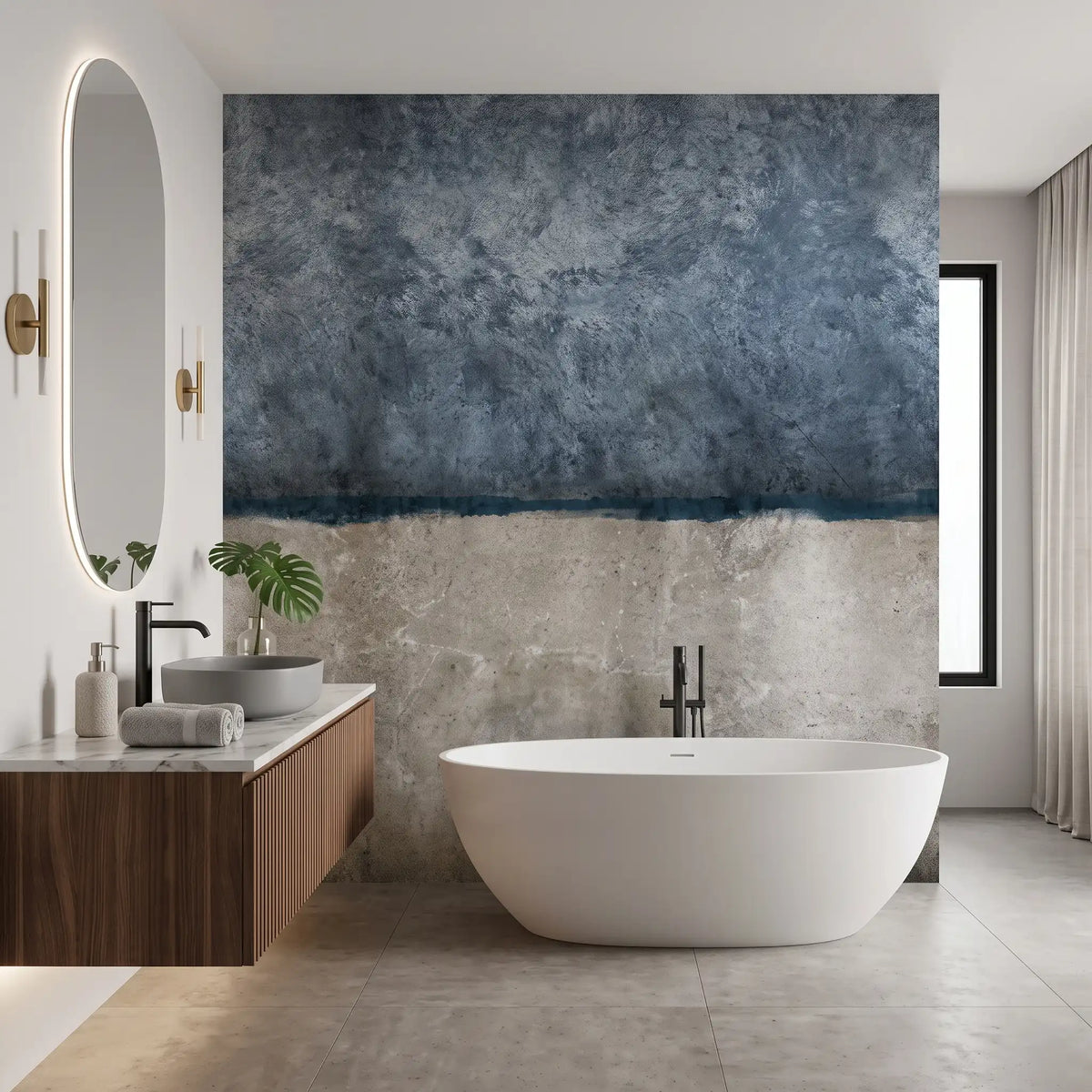 Blue Grey Two-Tone Plaster Wallpaper Mural – Bathroom