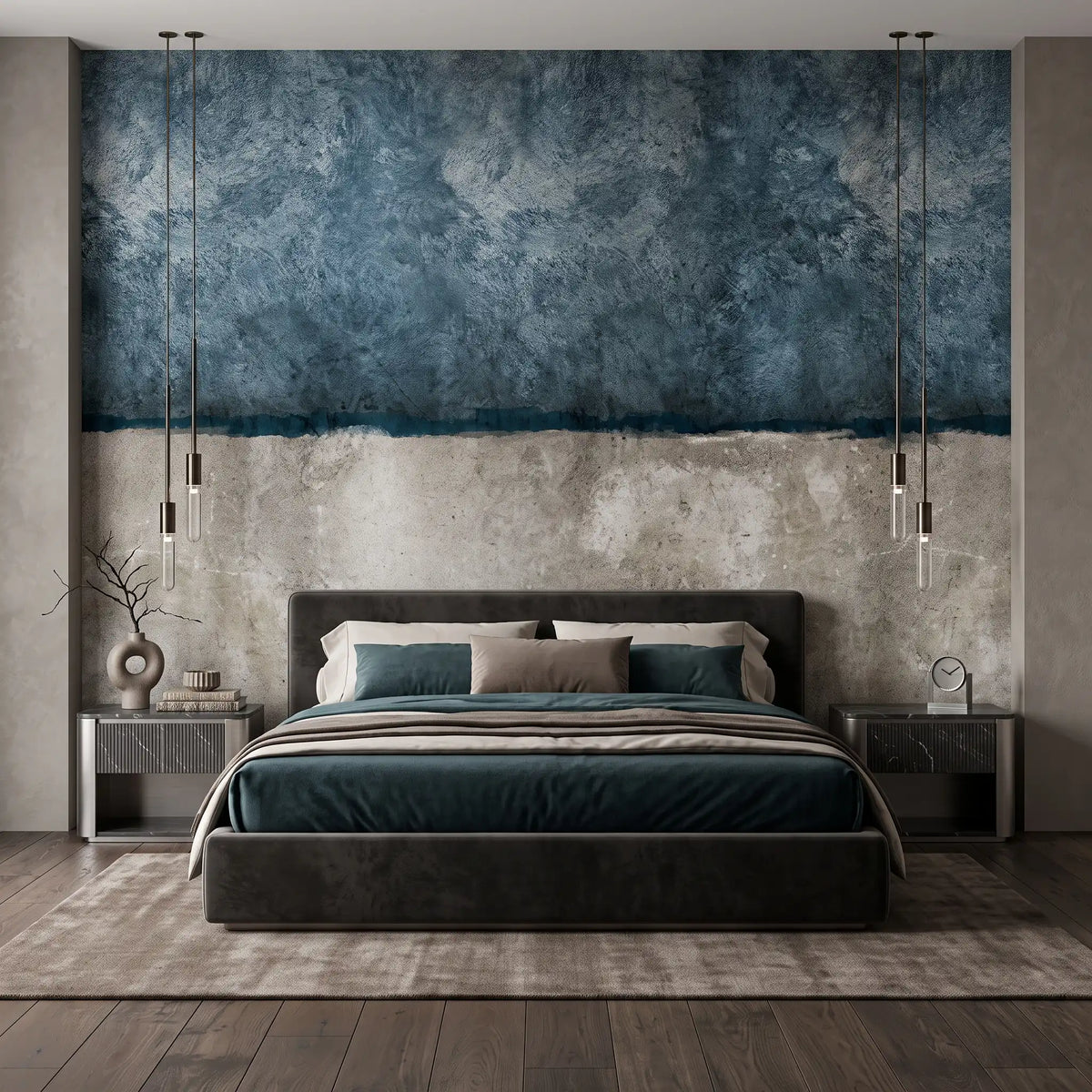 Blue Grey Two-Tone Plaster Wallpaper Mural – Bedroom
