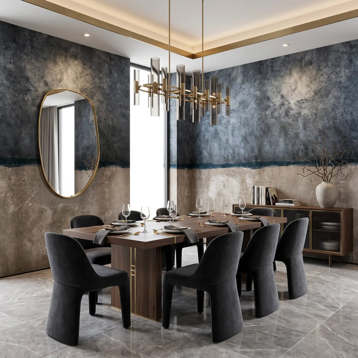 Blue Grey Two-Tone Plaster Wallpaper Mural – Dining Room