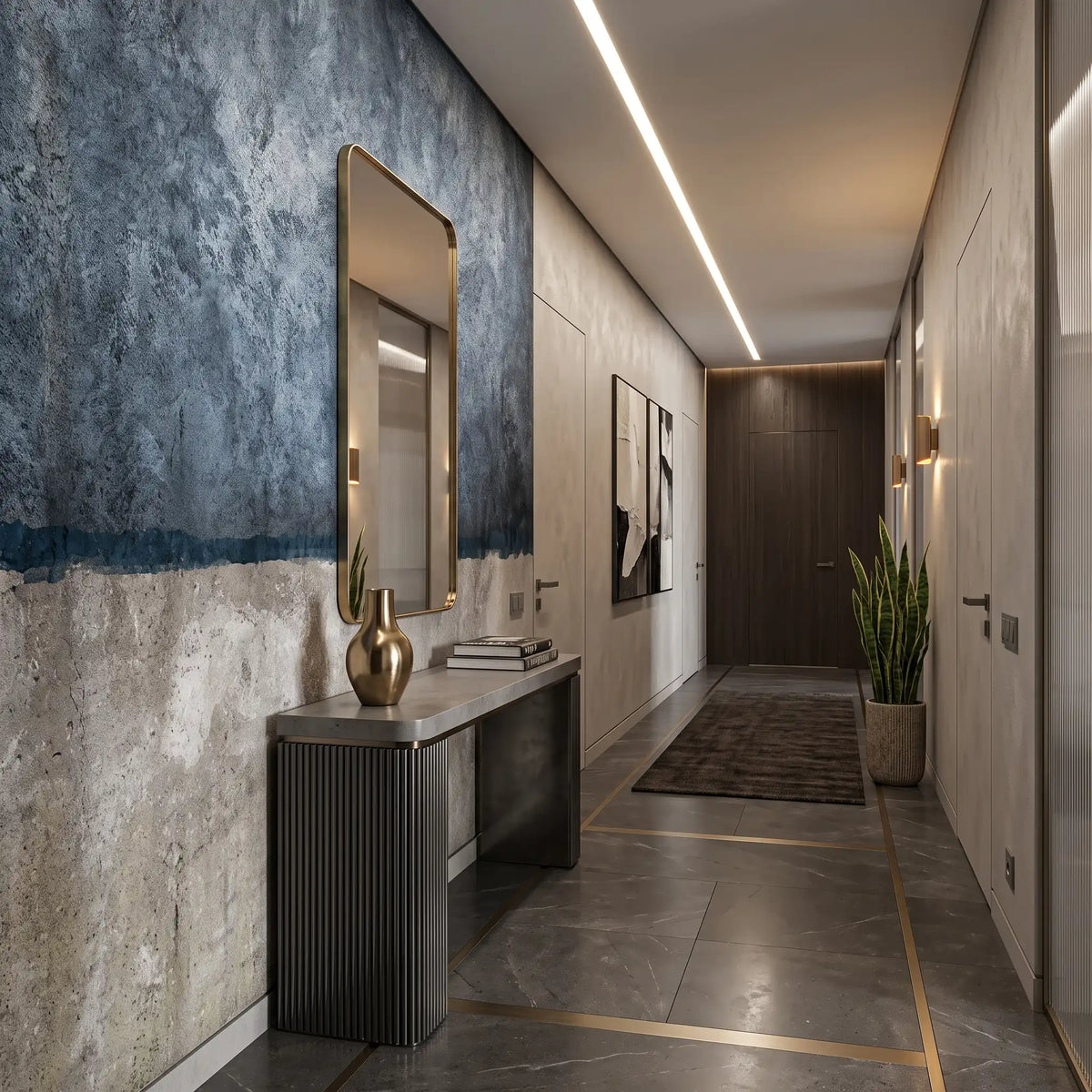 Blue Grey Two-Tone Plaster Wallpaper Mural – Hallway