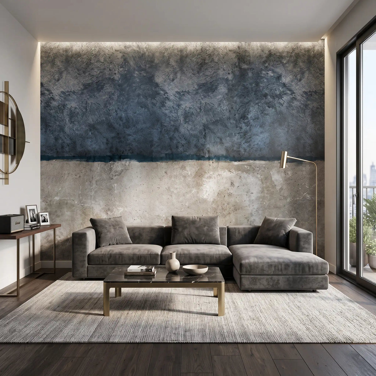 Blue Grey Two-Tone Plaster Wallpaper Mural – Living Room