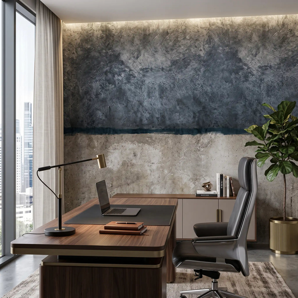 Blue Grey Two-Tone Plaster Wallpaper Mural – Office