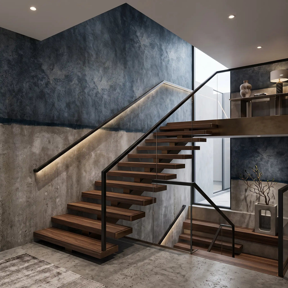 Blue Grey Two-Tone Plaster Wallpaper Mural – Staircase