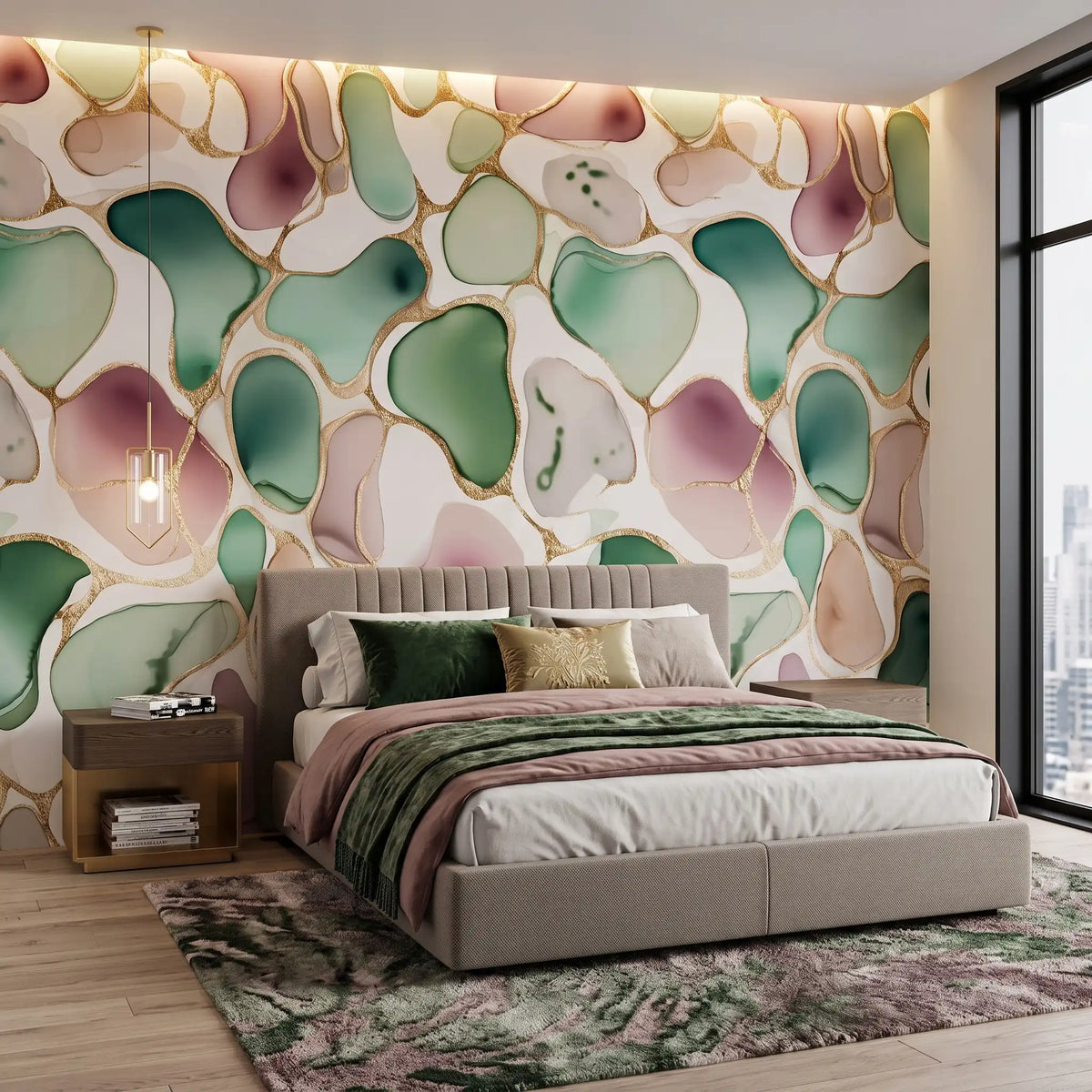 Blush Green Leaf Wallpaper – Bedroom