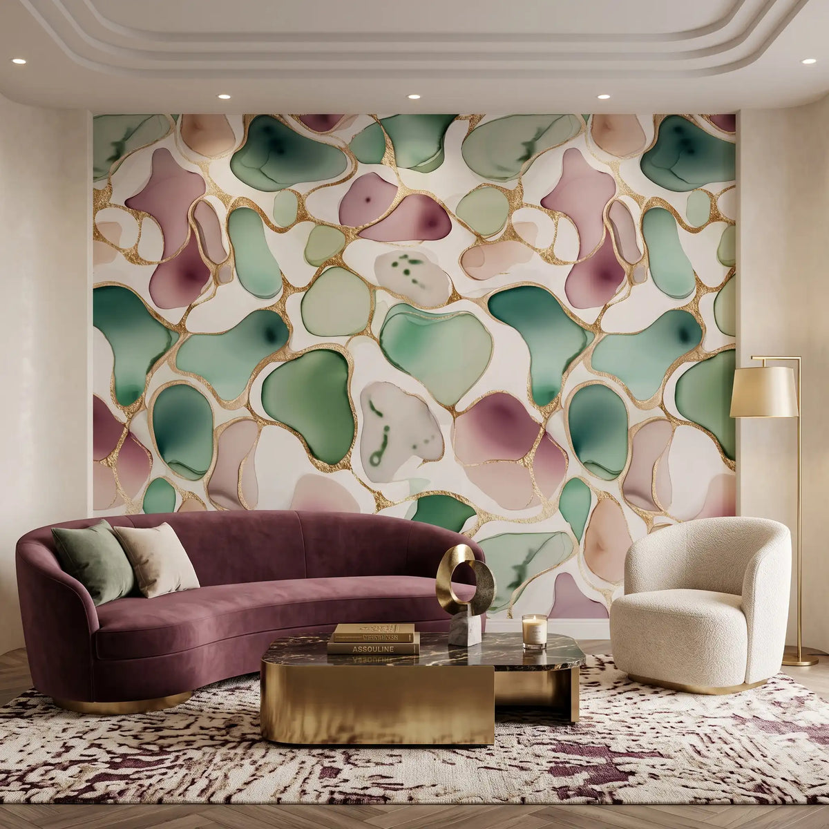 Blush Green Leaf Wallpaper – Living Room