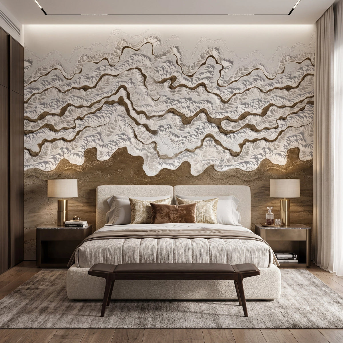 Bronze Ribbon Plaster Waves Wallpaper Mural – Bedroom