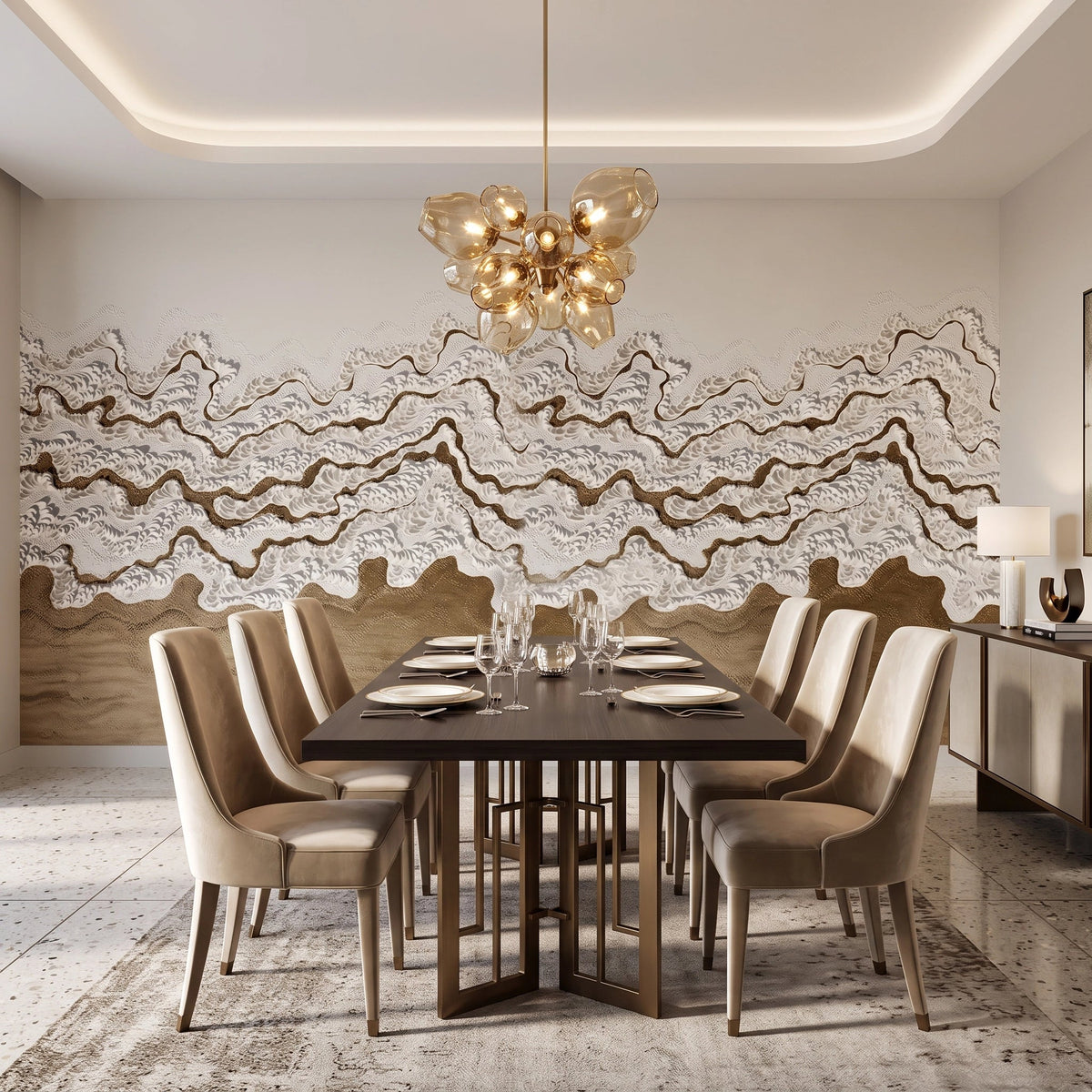 Bronze Ribbon Plaster Waves Wallpaper Mural – Dining Room