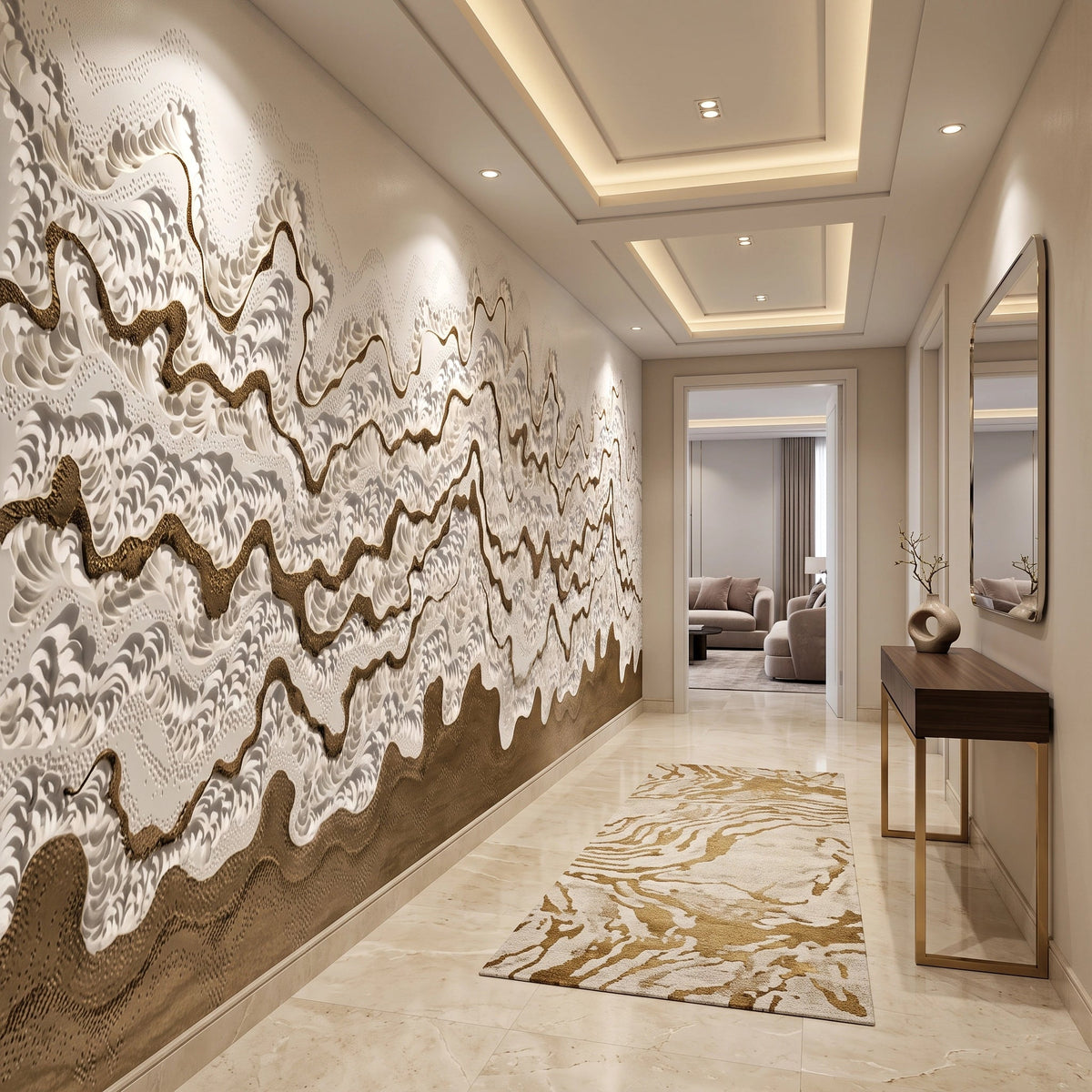 Bronze Ribbon Plaster Waves Wallpaper Mural – Hallway