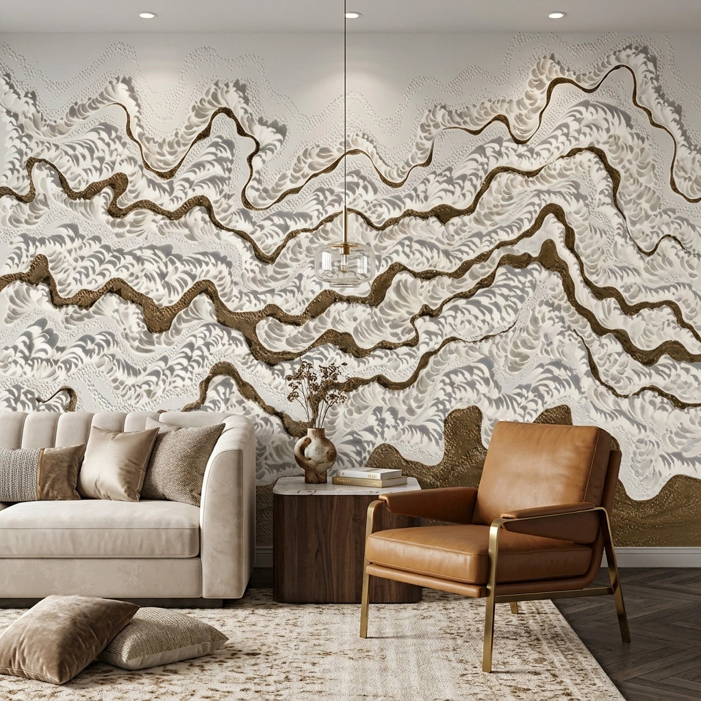 Bronze Ribbon Plaster Waves Wallpaper Mural – Living Room