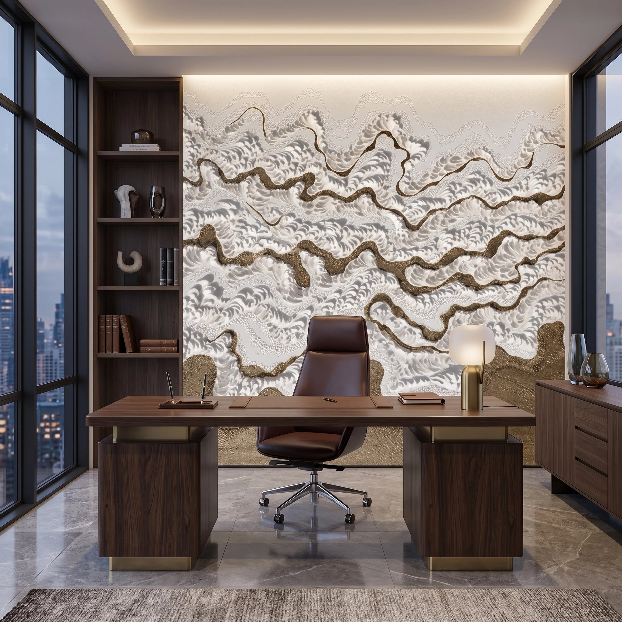 Bronze Ribbon Plaster Waves Wallpaper Mural – Office