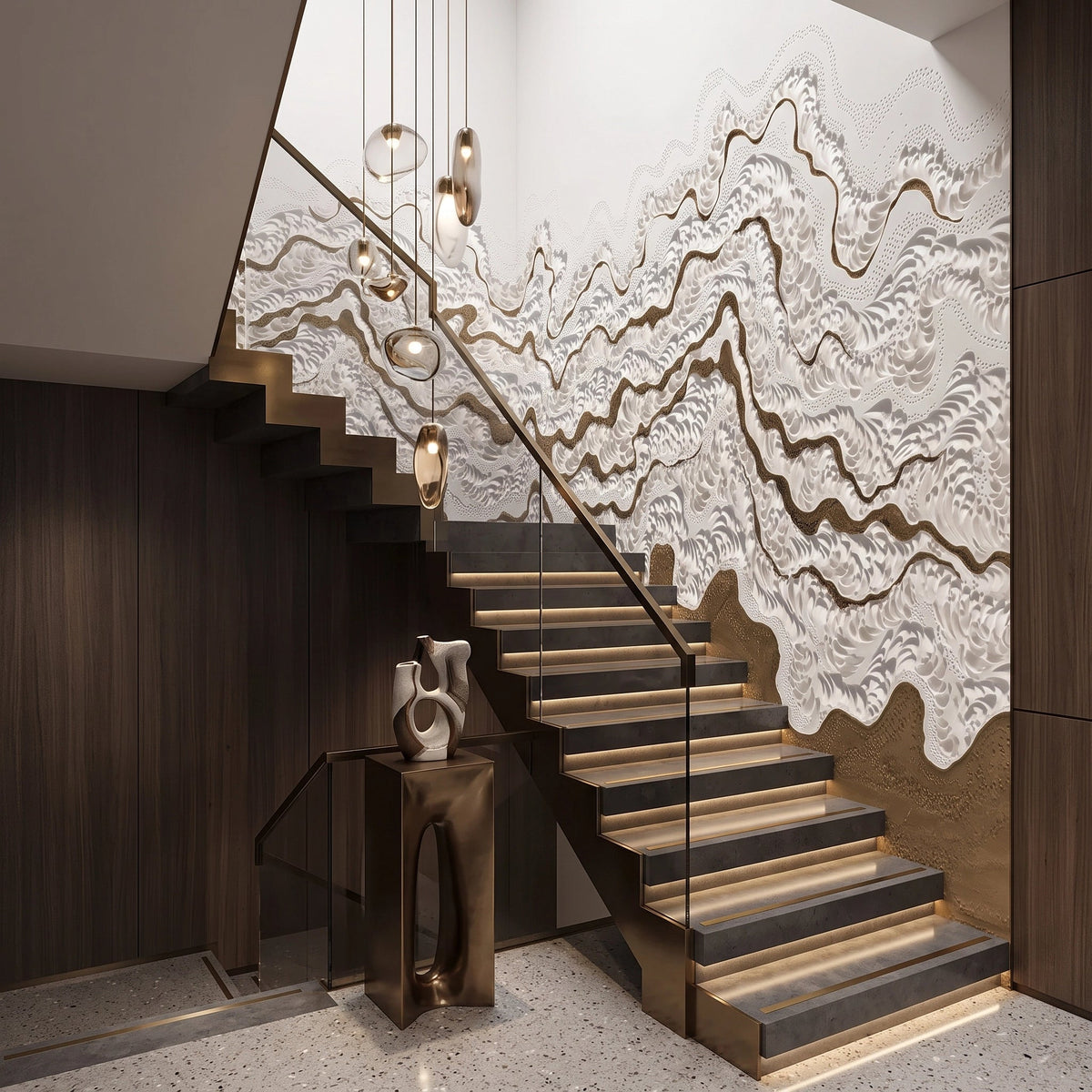 Bronze Ribbon Plaster Waves Wallpaper Mural – Staircase