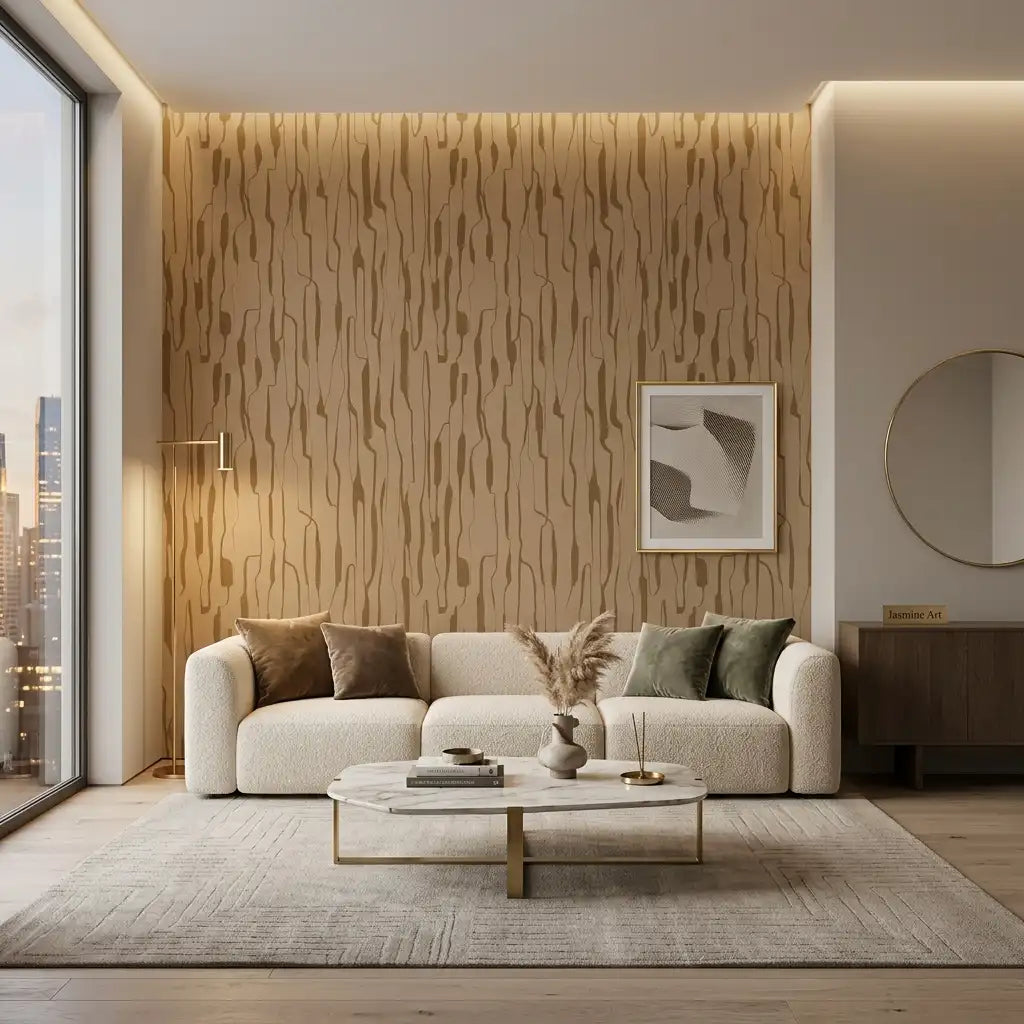 Brushed Wood Grain Wallpaper – Camel Bronze room