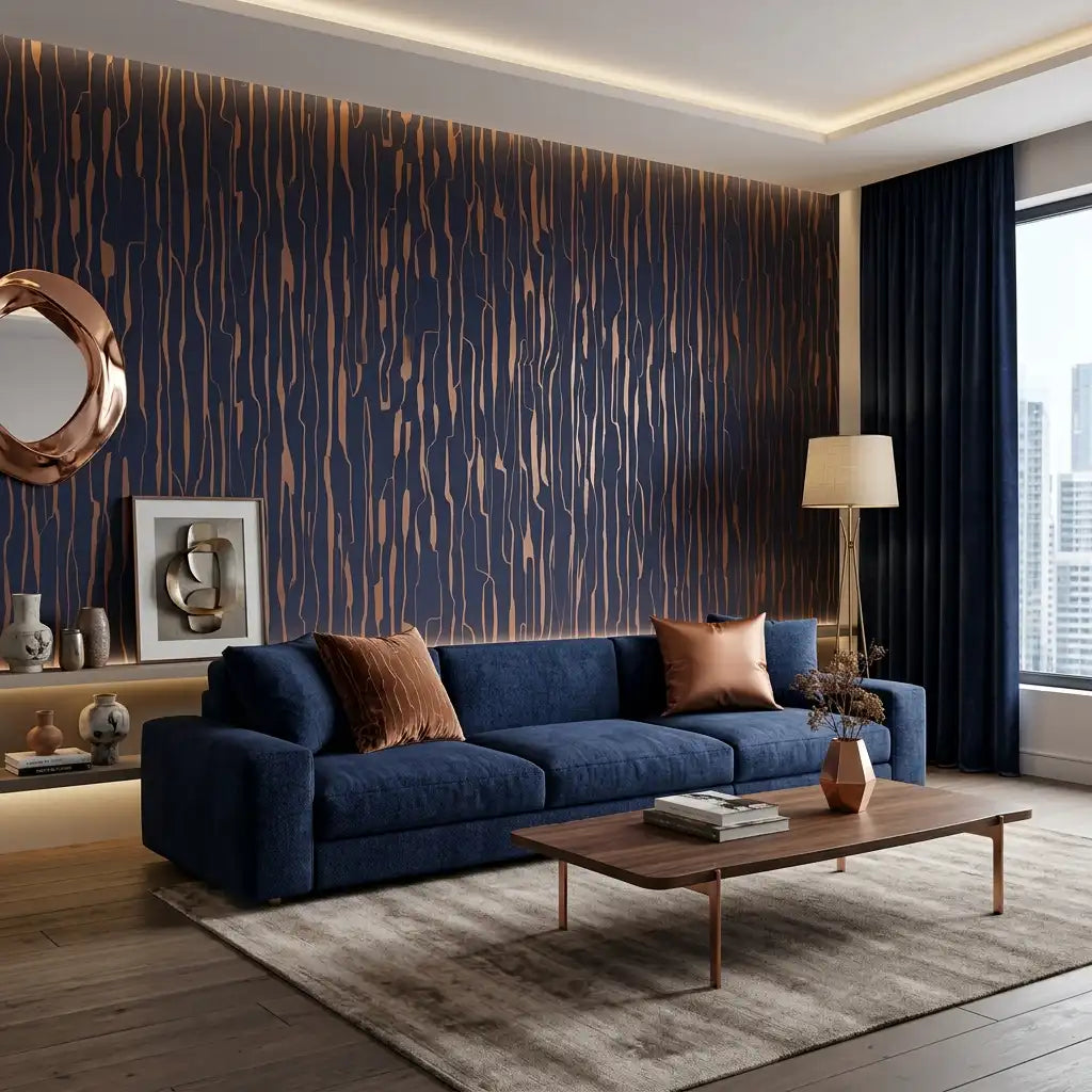 Brushed Wood Grain Wallpaper – Navy Copper room