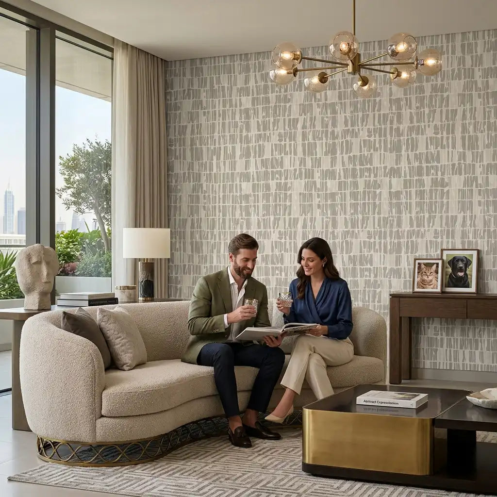Brushstroke Dash Wallpaper – Stone Grey room