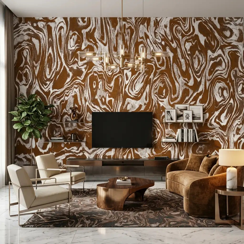 Burl Wood Swirl Wallpaper – Cinnamon Ash room