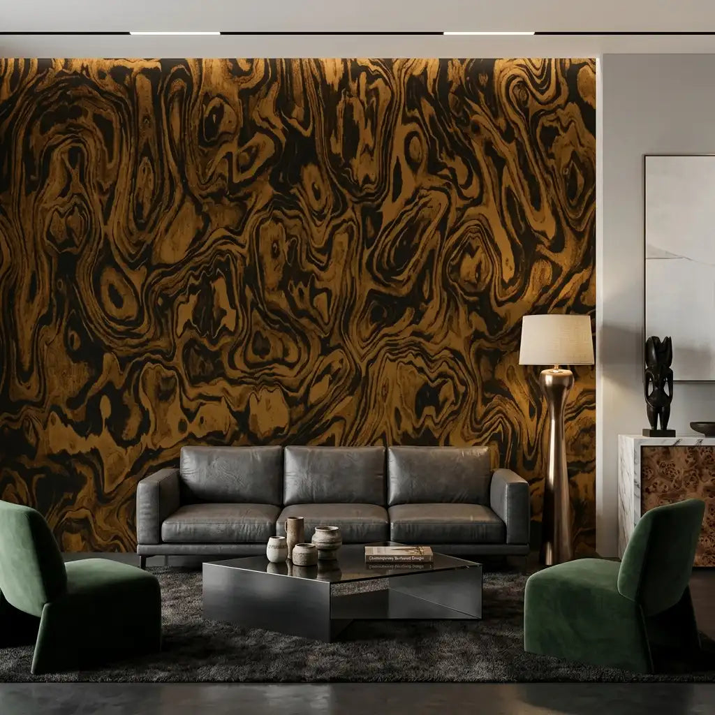 Burl Wood Swirl Wallpaper – Ebony Amber room