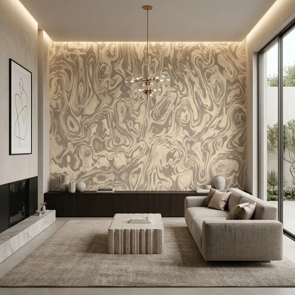 Burl Wood Swirl Wallpaper – Taupe Cream room