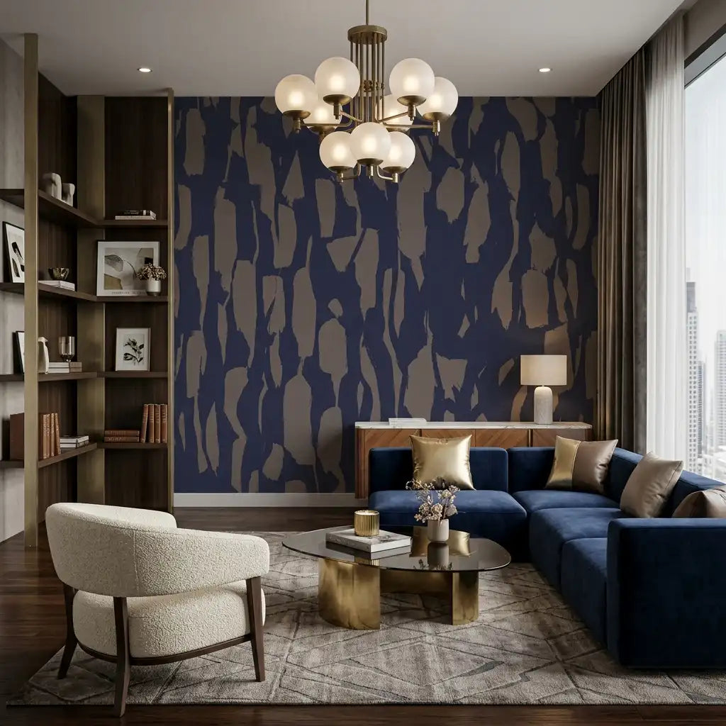 Carved Bark Texture Wallpaper – Indigo Taupe room