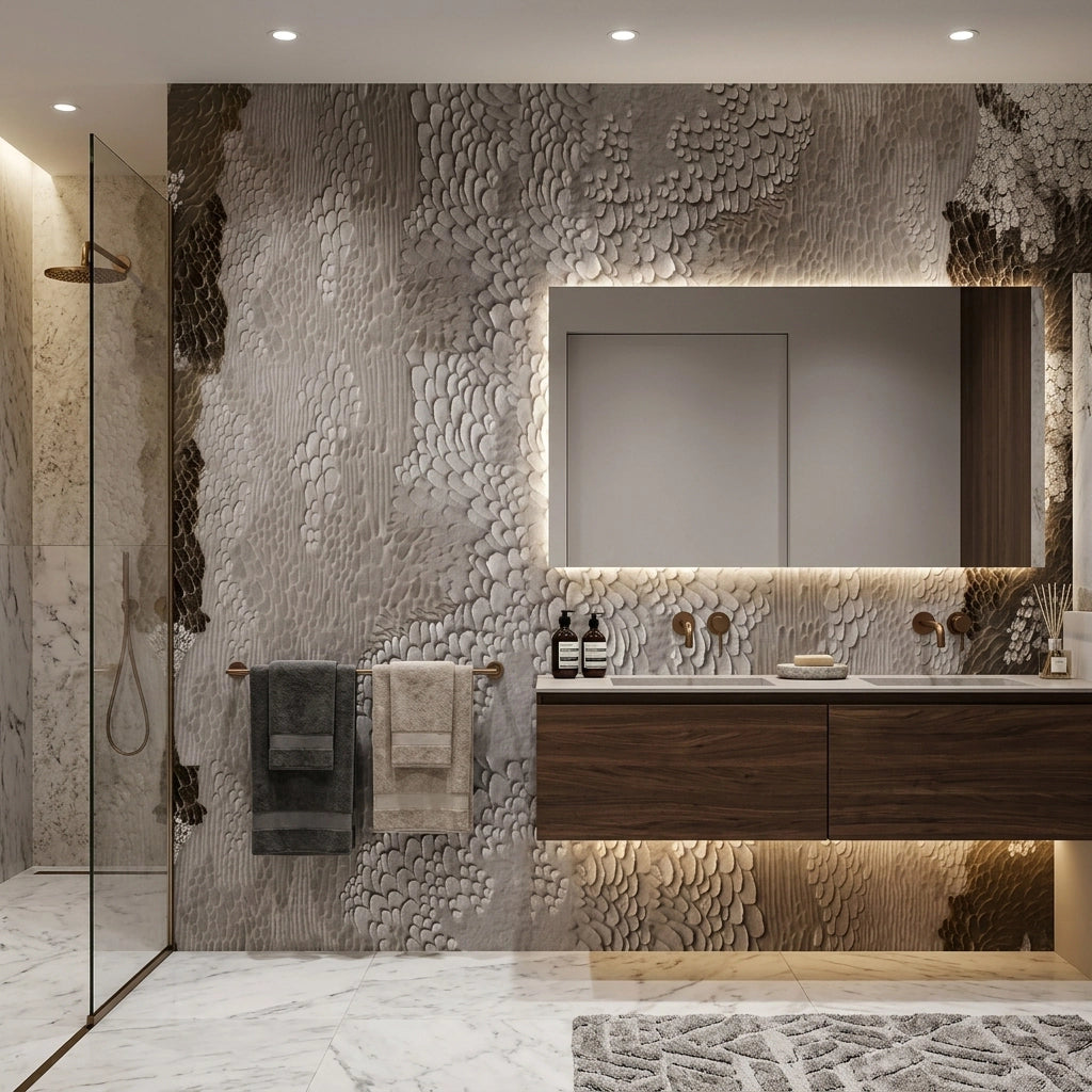 Carved Feather Plaster Wallpaper Mural – Bathroom