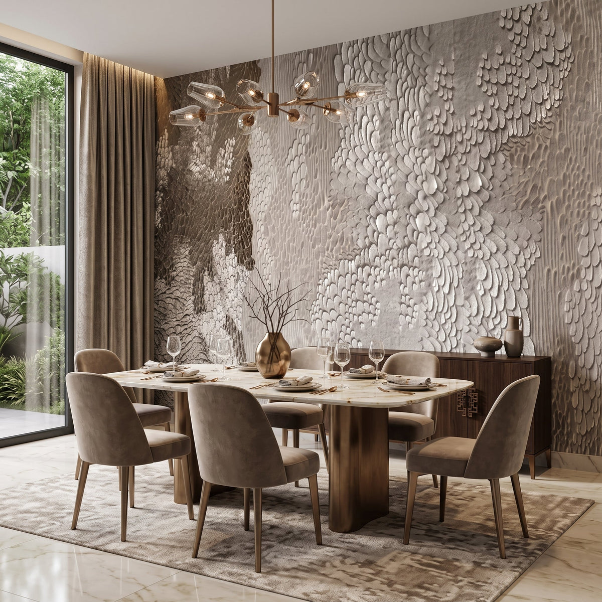 Carved Feather Plaster Wallpaper Mural – Dining Room