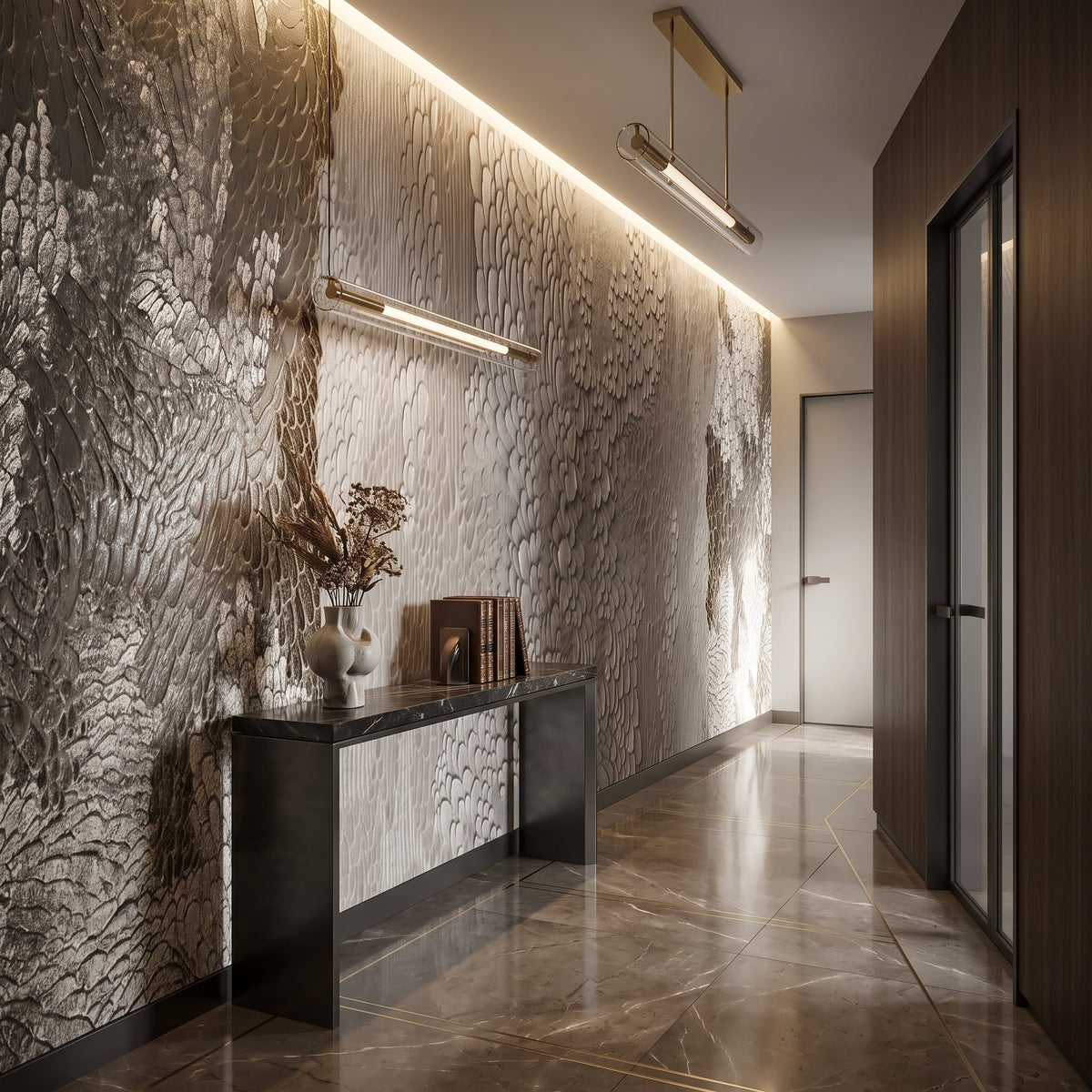 Carved Feather Plaster Wallpaper Mural – Hallway