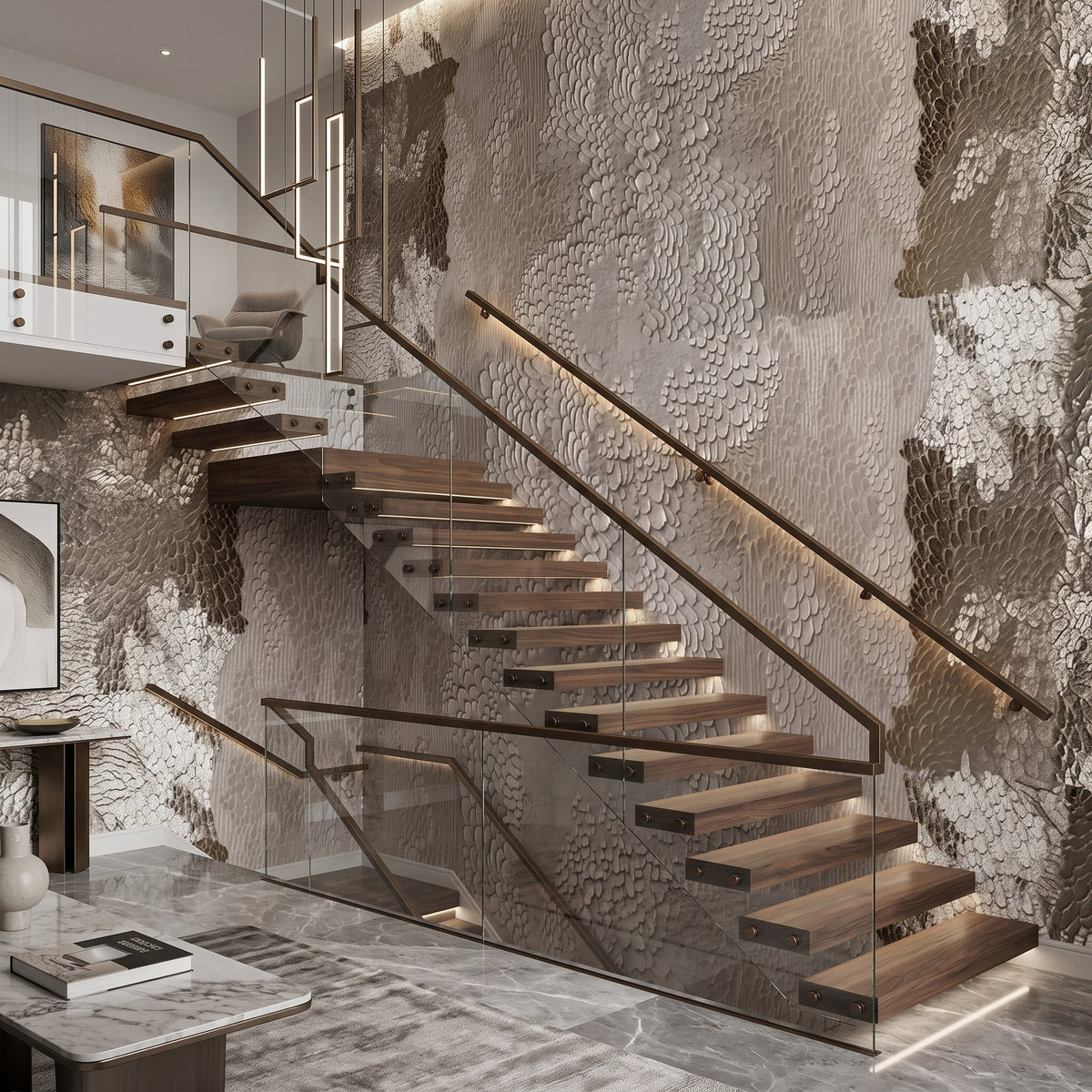 Carved Feather Plaster Wallpaper Mural – Staircase
