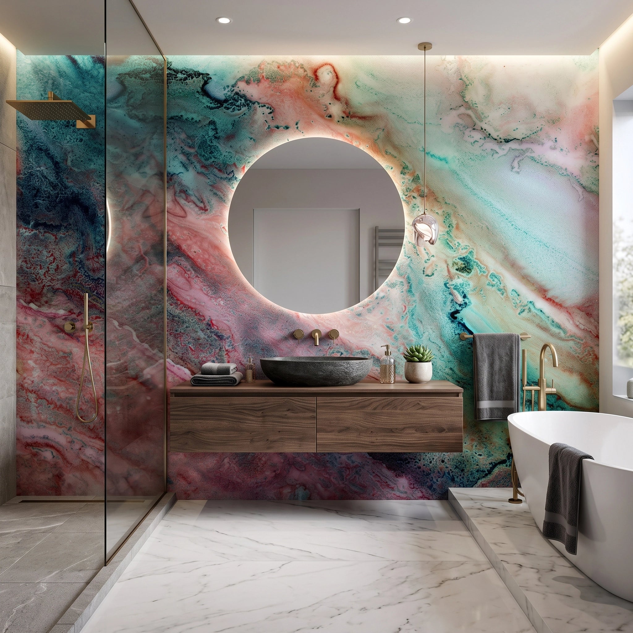 Coral & Teal Agate Wallpaper Mural – Bathroom